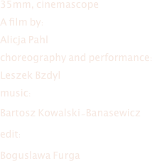 
35mm, cinemascope
A film by:
Alicja Pahl
choreography and performance:
Leszek Bzdyl
music:
Bartosz Kowalski-Banasewicz
edit:
Boguslawa Furga


